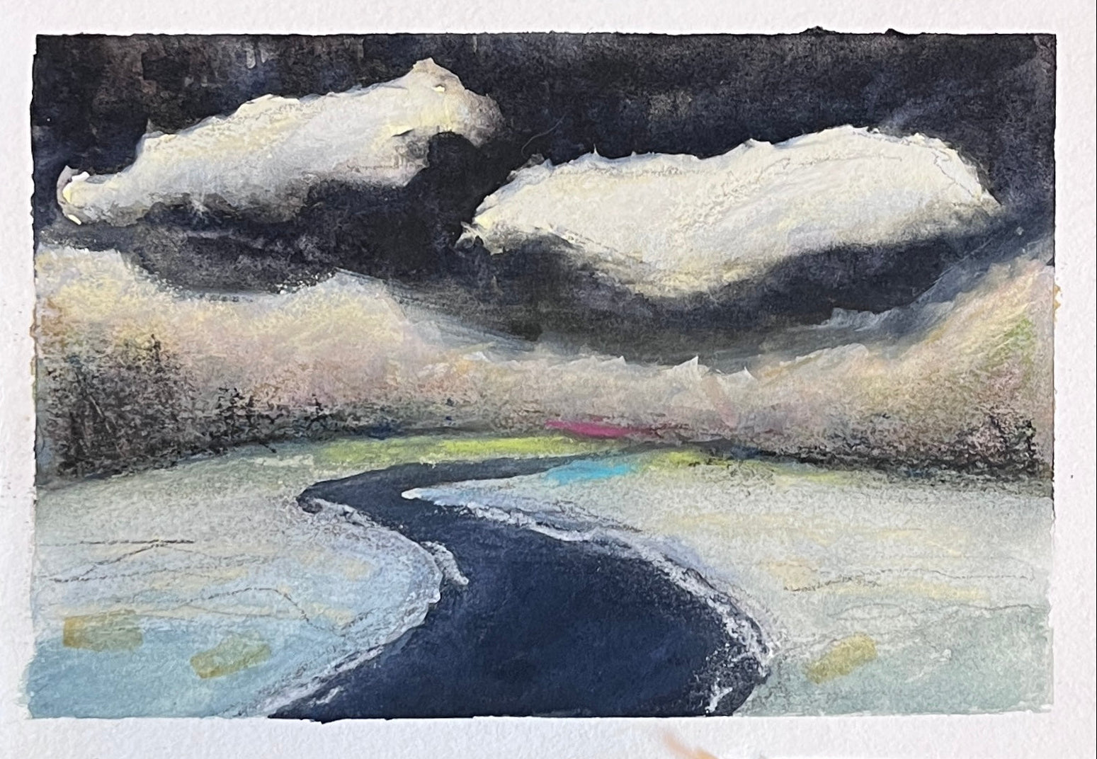 Watercolor painting of a landscape with a river and clouds